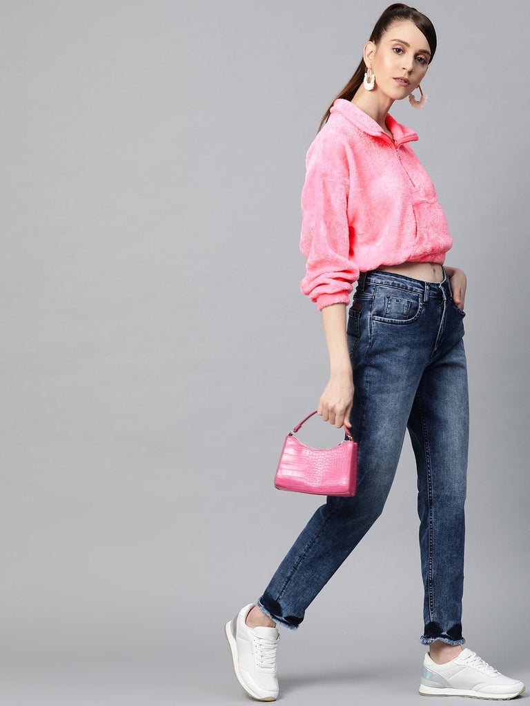 Women's Pink Kangaroo Pocket Faux Fur Crop Sweatshirt