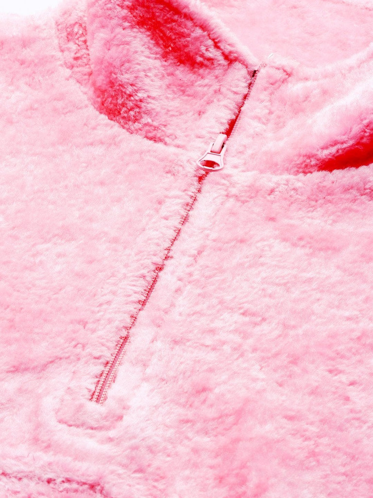 Women's Pink Kangaroo Pocket Faux Fur Crop Sweatshirt