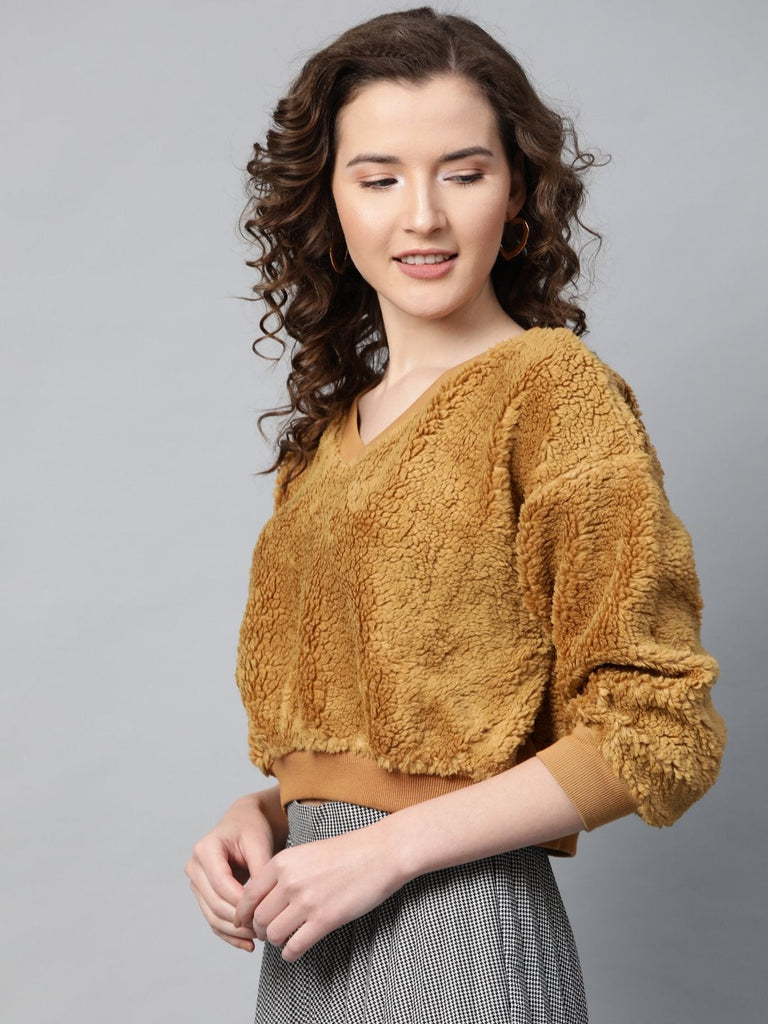 Women's Mustard V-Neck Faux Fur Crop Sweatshirt