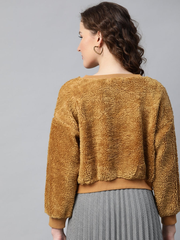 Women's Mustard V-Neck Faux Fur Crop Sweatshirt