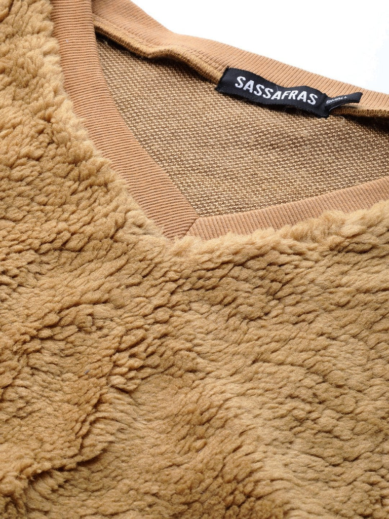 Women's Mustard V-Neck Faux Fur Crop Sweatshirt