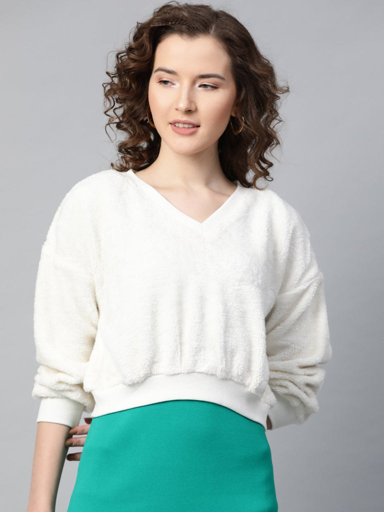 Women's White V-Neck Faux Fur Crop Sweatshirt
