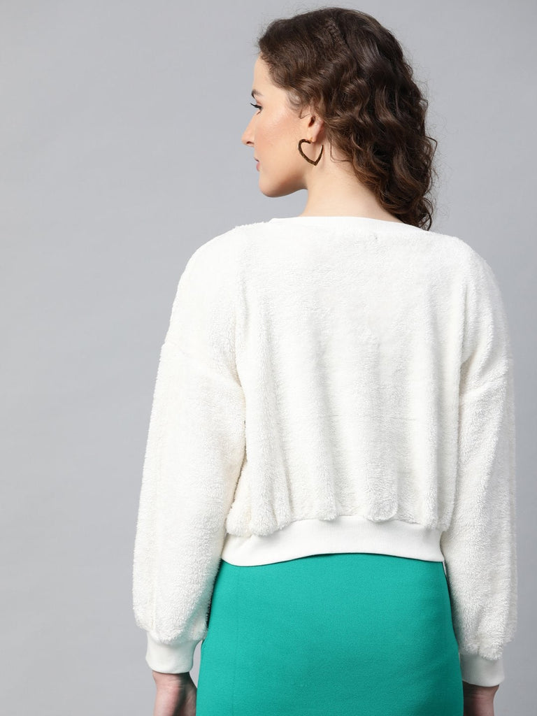 Women's White V-Neck Faux Fur Crop Sweatshirt