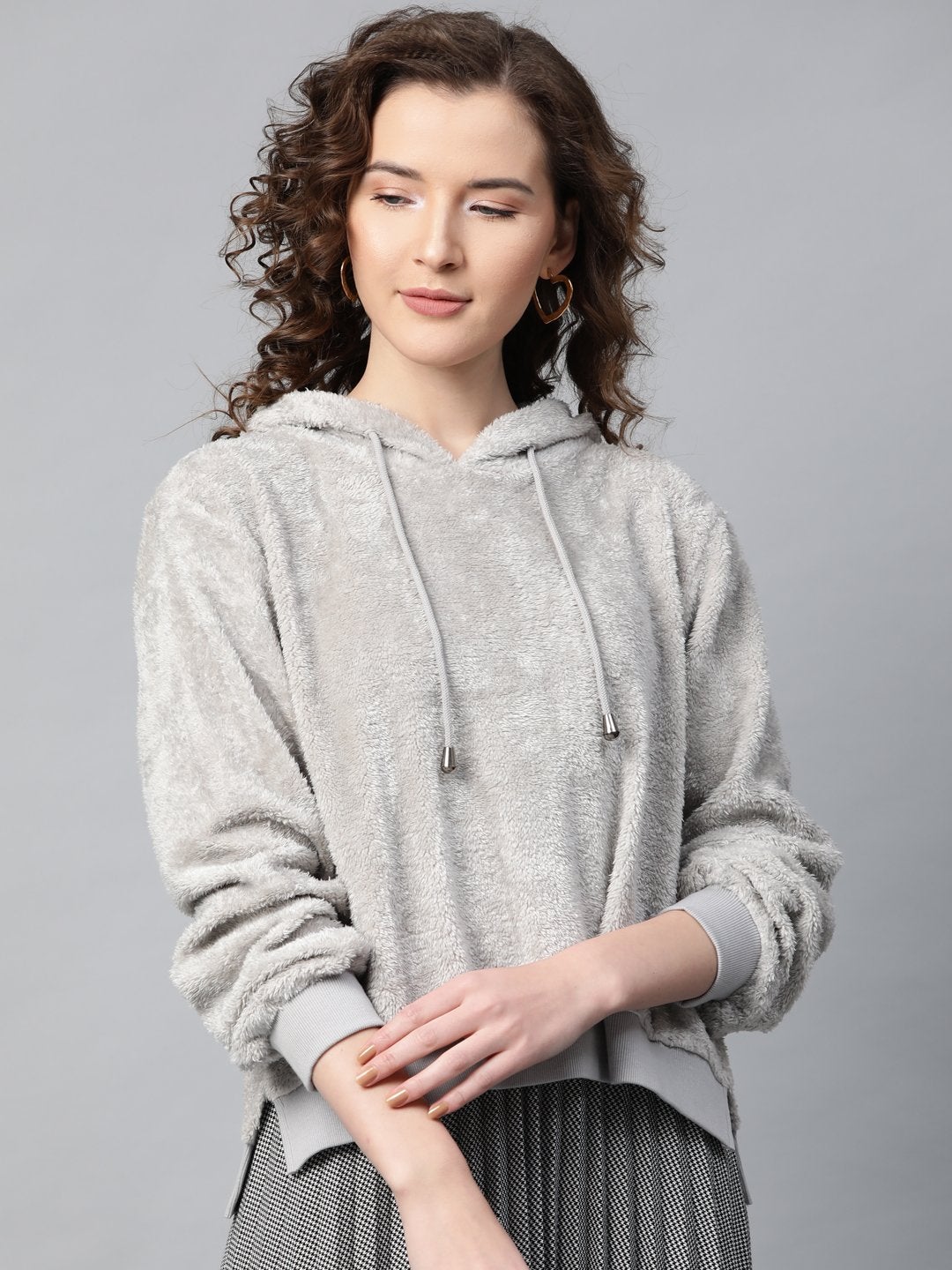 Women's Grey Hooded Faux Fur Sweatshirt - SASSAFRAS