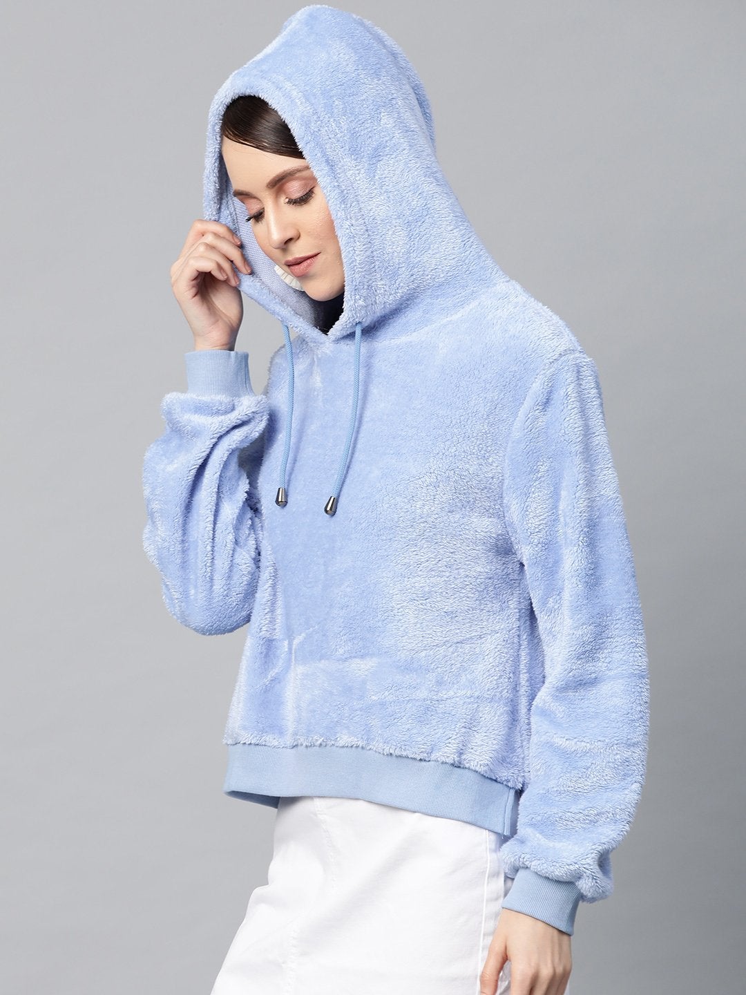 Women's Blue Hooded Faux Fur Sweatshirt - SASSAFRAS