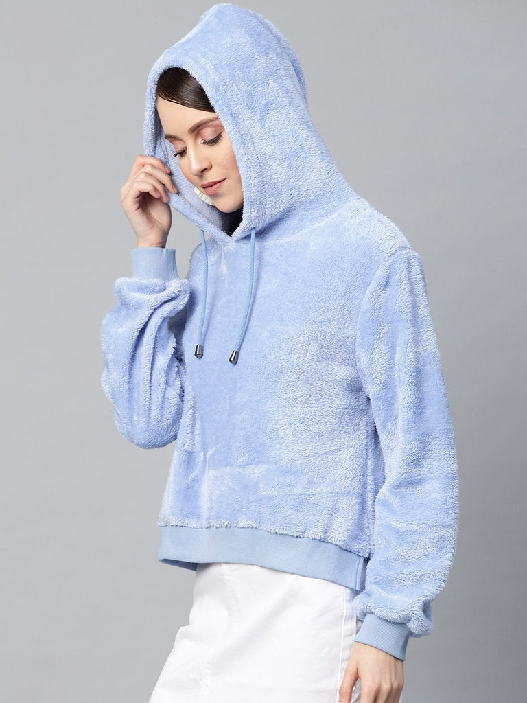 Women's Blue Hooded Faux Fur Sweatshirt