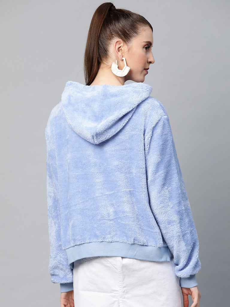 Women's Blue Hooded Faux Fur Sweatshirt