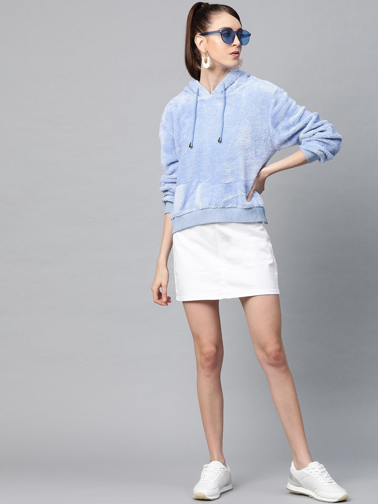 Women's Blue Hooded Faux Fur Sweatshirt