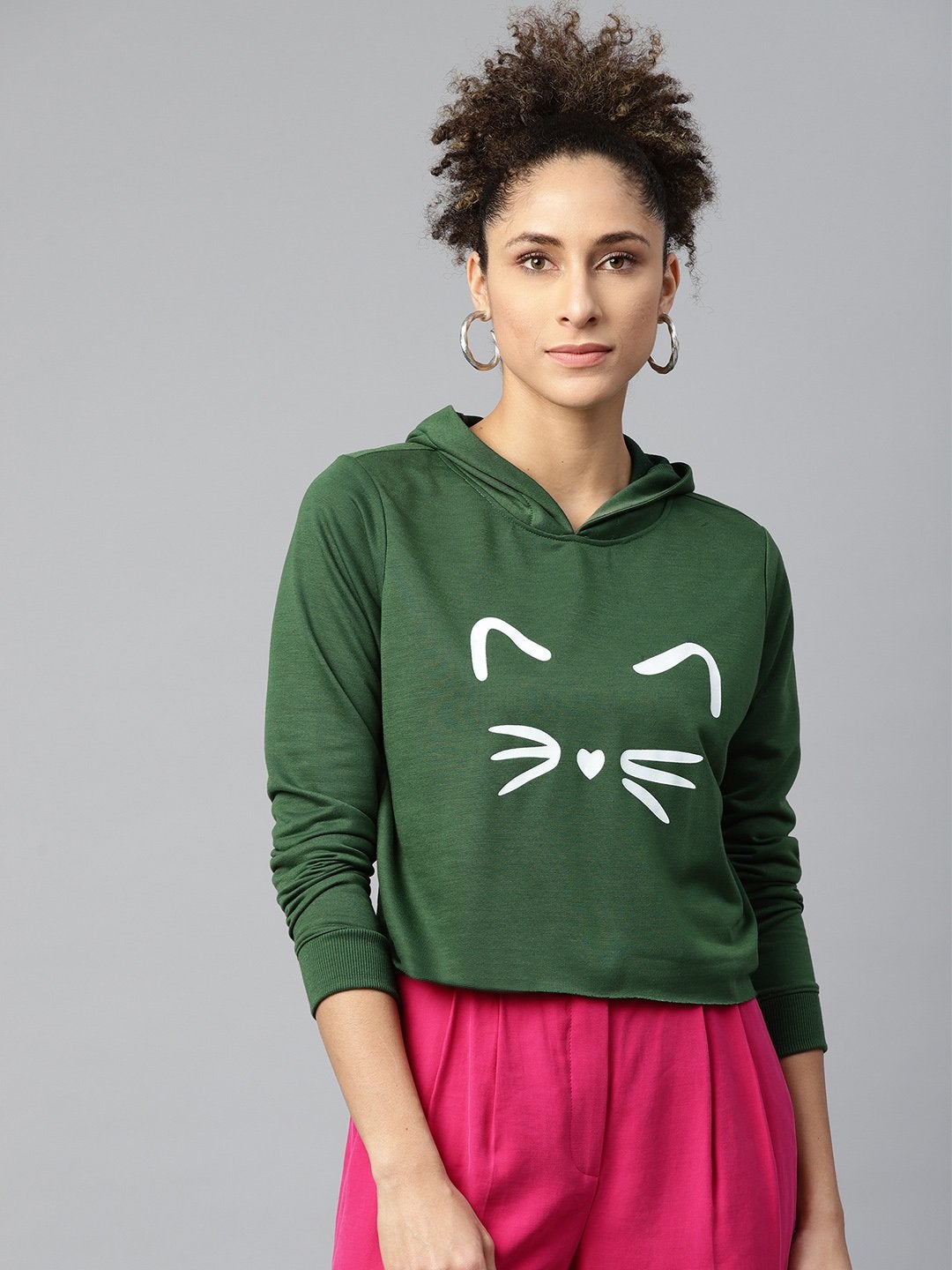 Women's Green Kitty Face Crop Hoodie Sweatshirt - SASSAFRAS