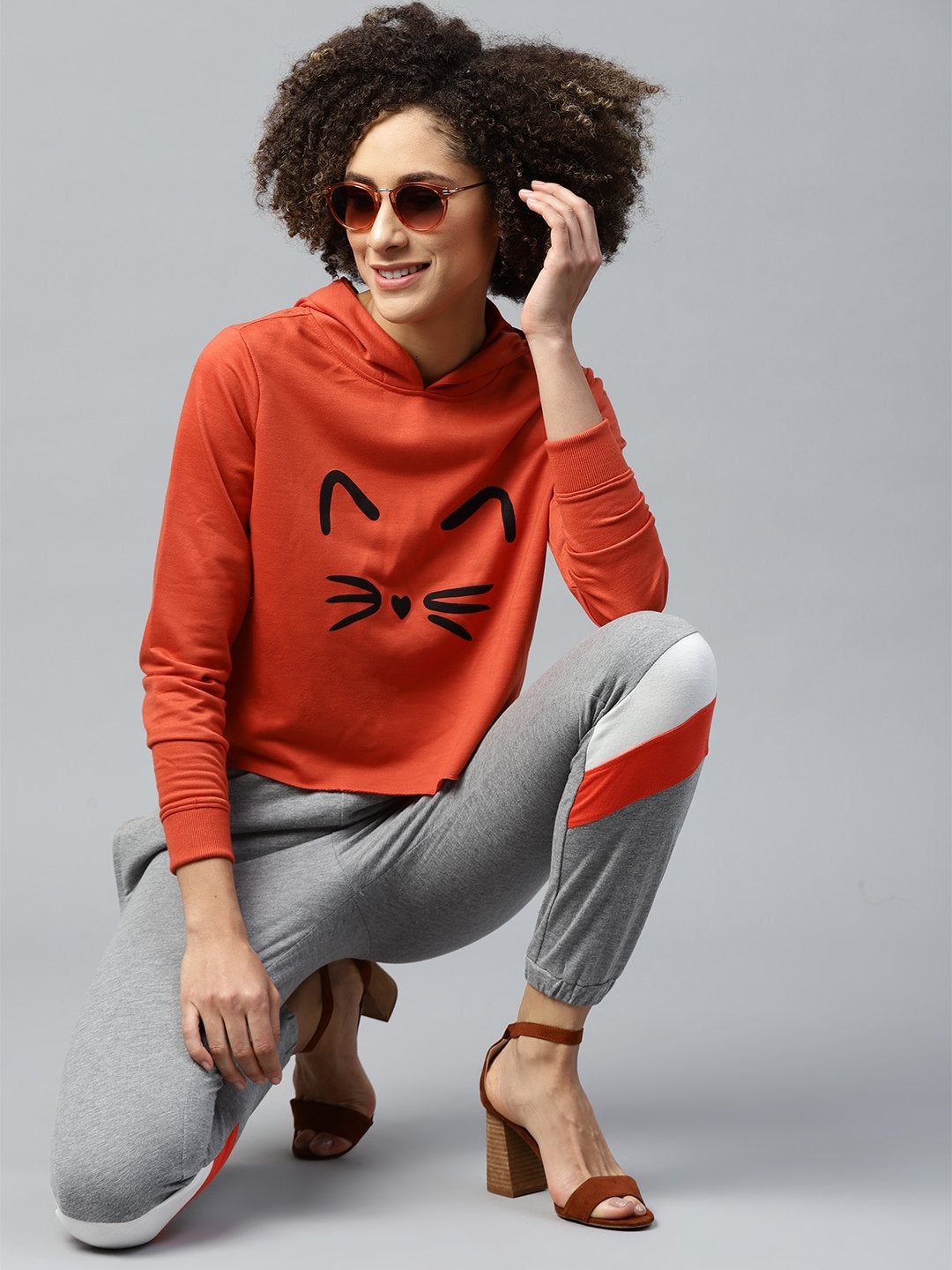 Women's Rust Kitty Face Crop Hoodie Sweatshirt - SASSAFRAS