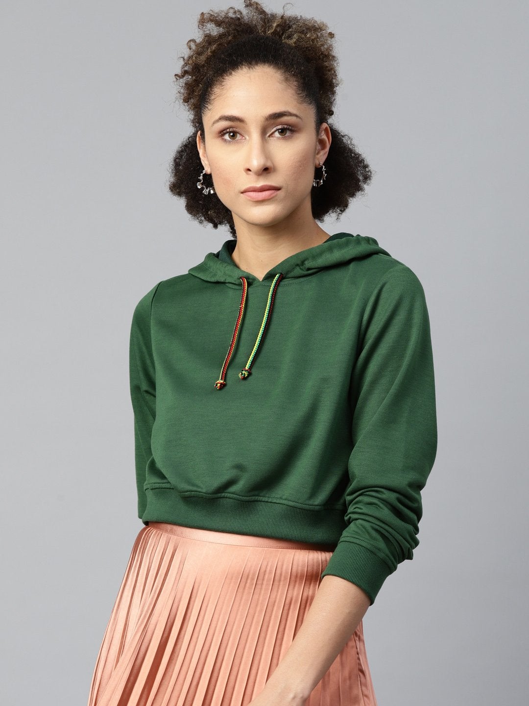 Women's Green Crop Hoodie Basic Sweatshirt - SASSAFRAS