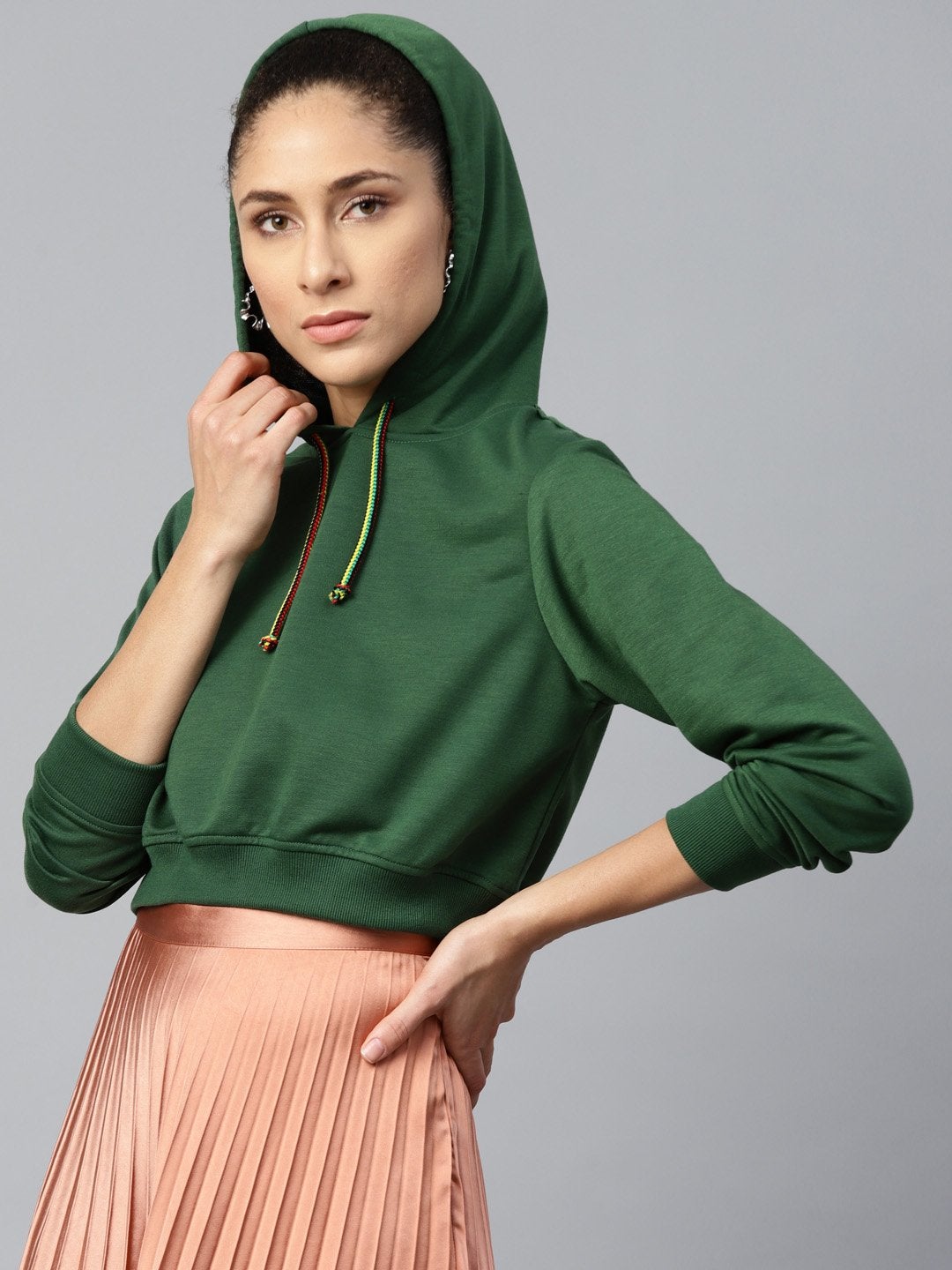 Women's Green Crop Hoodie Basic Sweatshirt - SASSAFRAS