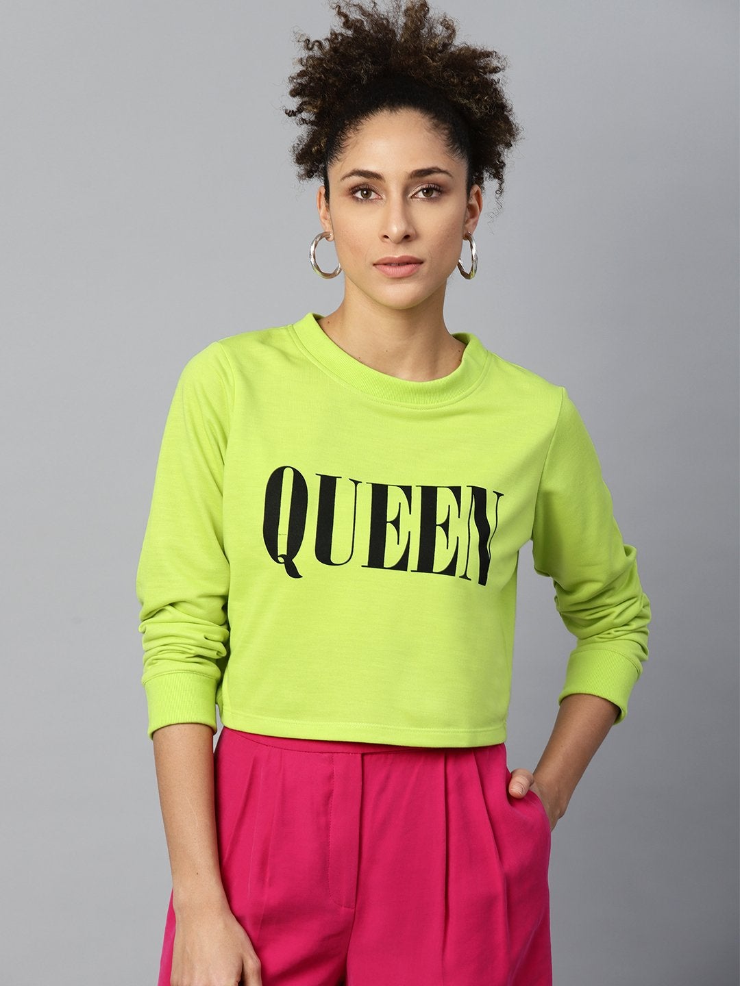 Women's Neon Green Queen-Print Crop Sweatshirt - SASSAFRAS