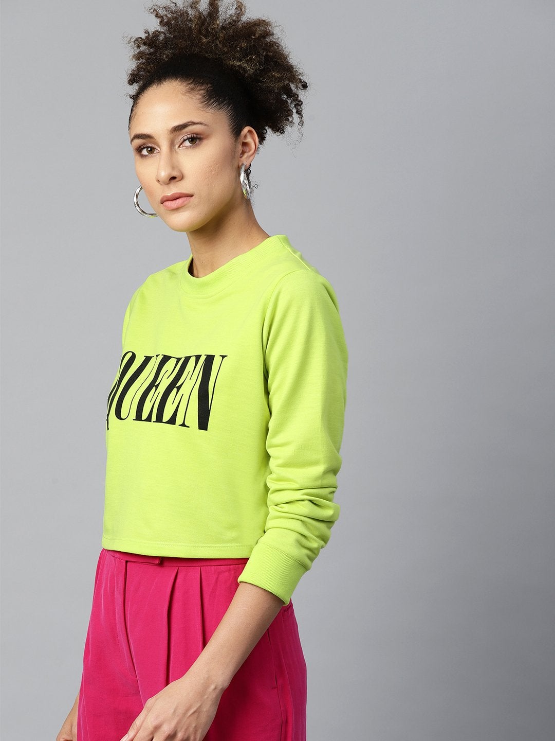 Women's Neon Green Queen-Print Crop Sweatshirt - SASSAFRAS