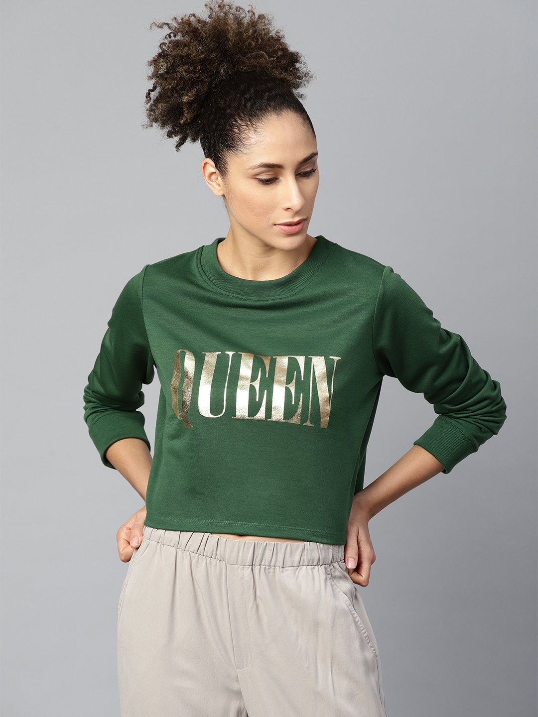 Women's Green Queen-Print Crop Sweatshirt - SASSAFRAS