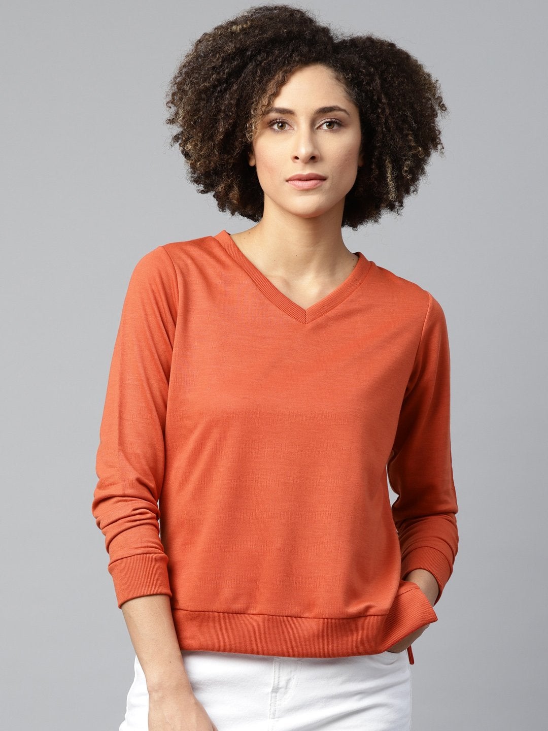 Women's Rust V-Neck Basic Sweatshirt - SASSAFRAS