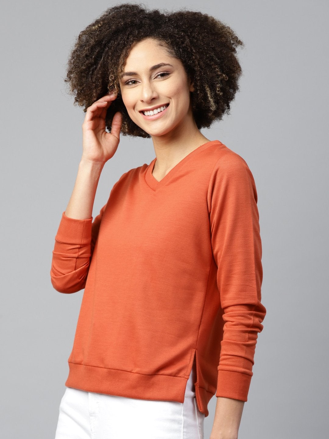 Women's Rust V-Neck Basic Sweatshirt - SASSAFRAS