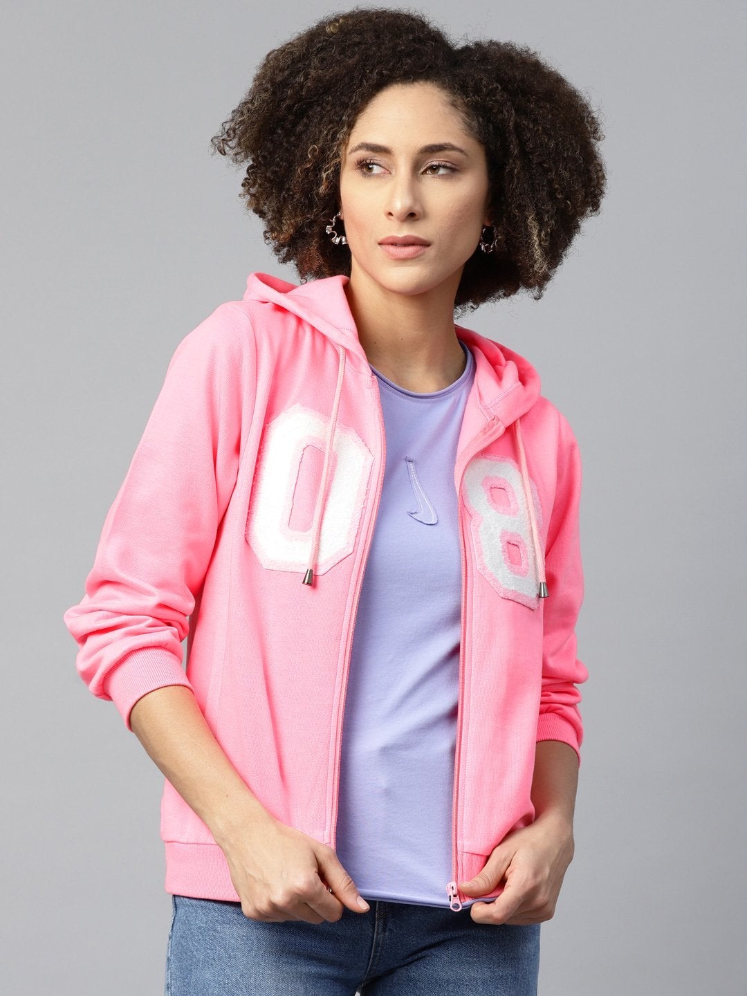 Women's Pink Fleece Zipper Hoodie Sweatshirt - SASSAFRAS