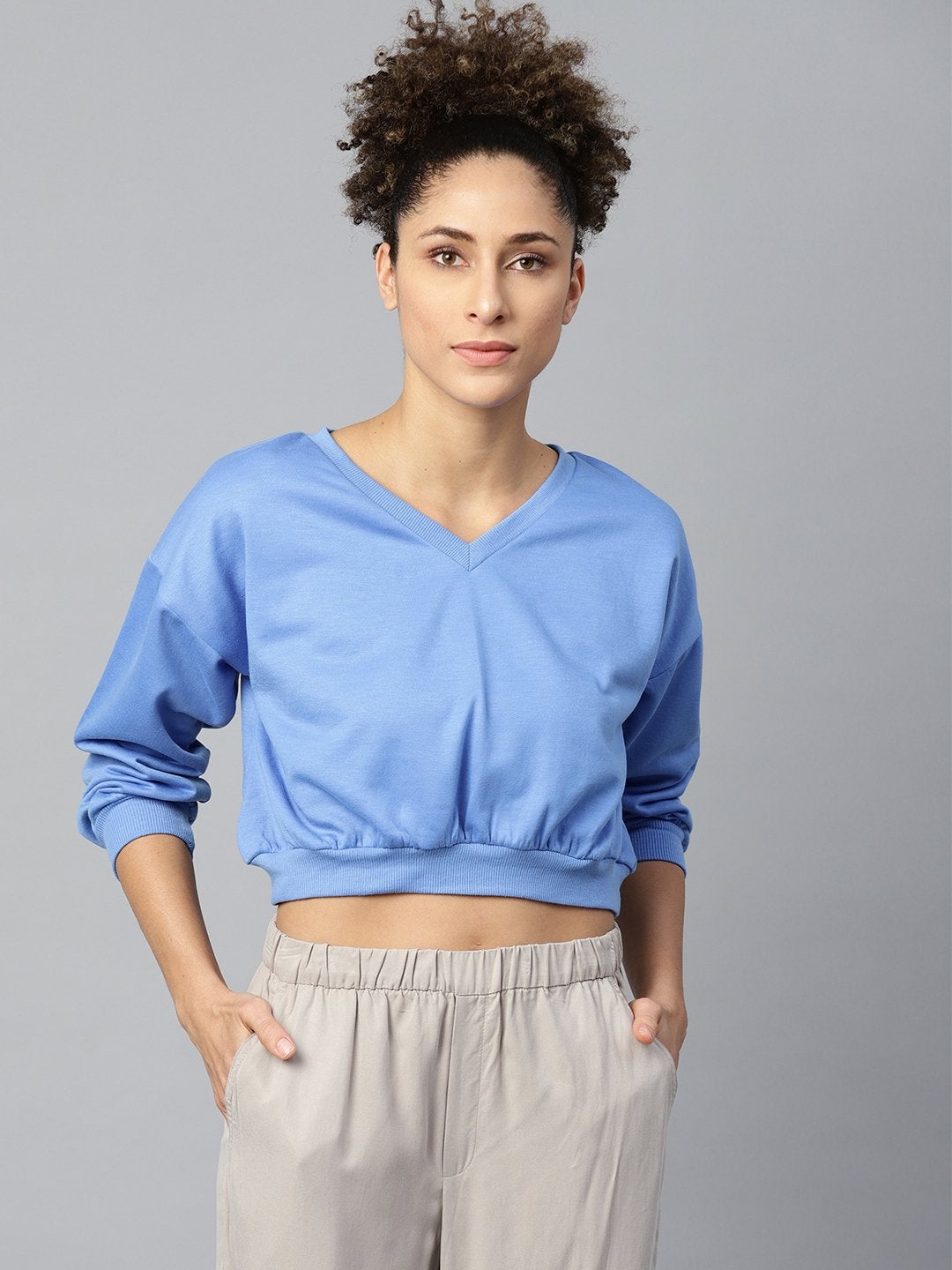 Women's Blue V-Neck Crop Sweatshirt - SASSAFRAS