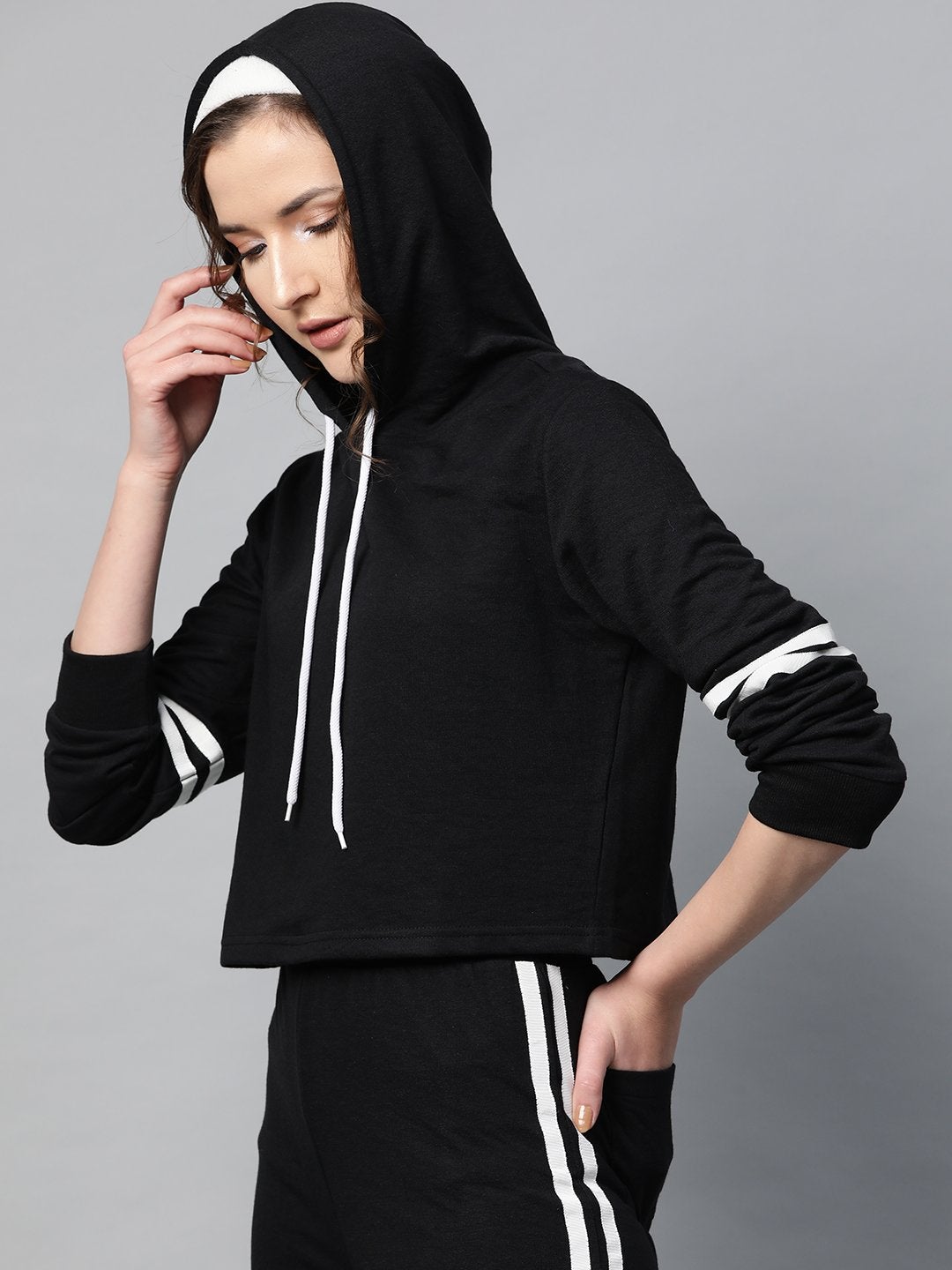 Women's Black With White Tape Crop Hoodie - SASSAFRAS