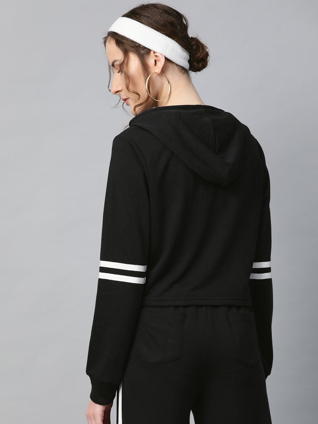 Women's Black With White Tape Crop Hoodie - SASSAFRAS