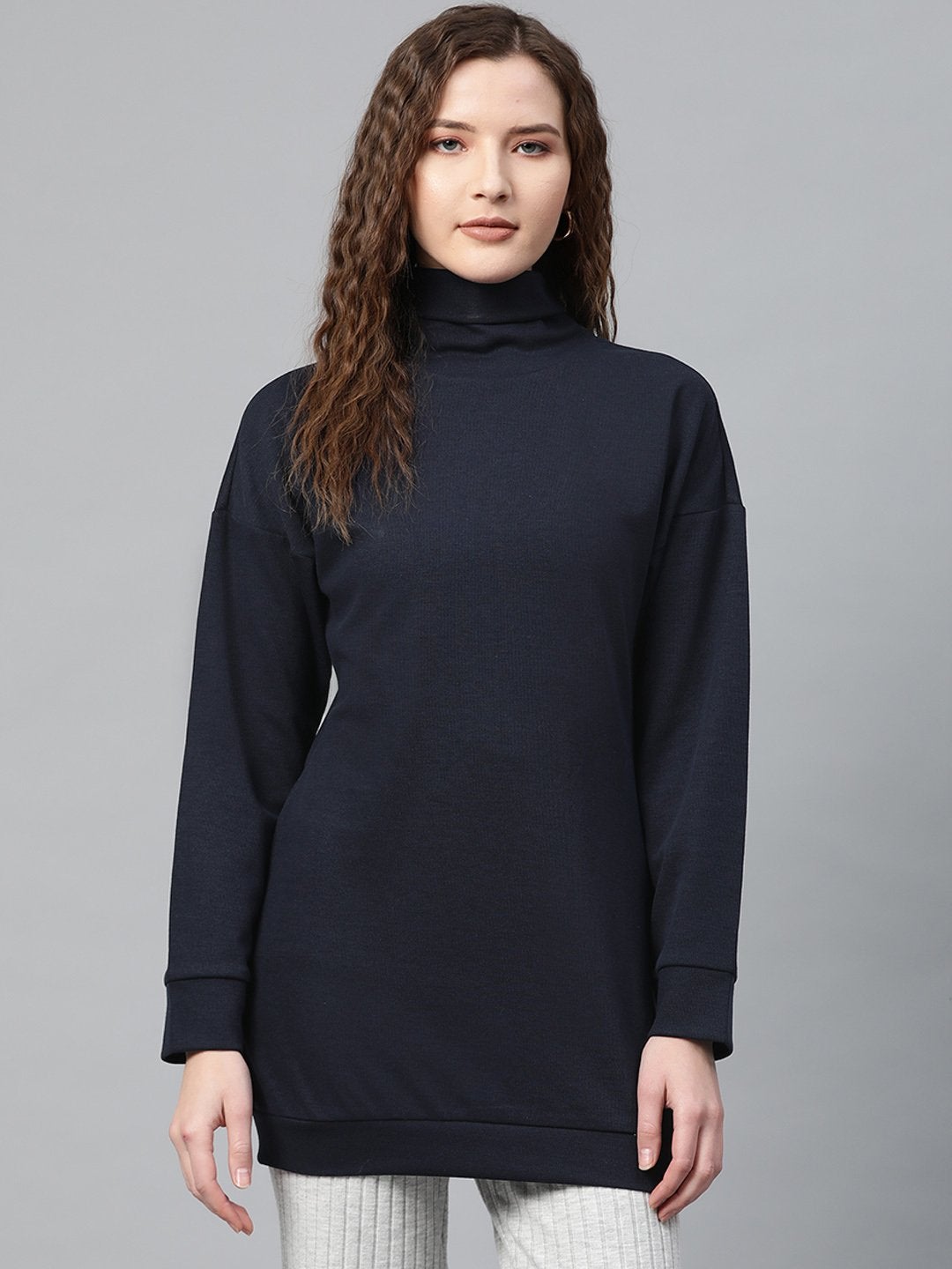 Women's Navy Blue High Neck Rib Sweater - SASSAFRAS