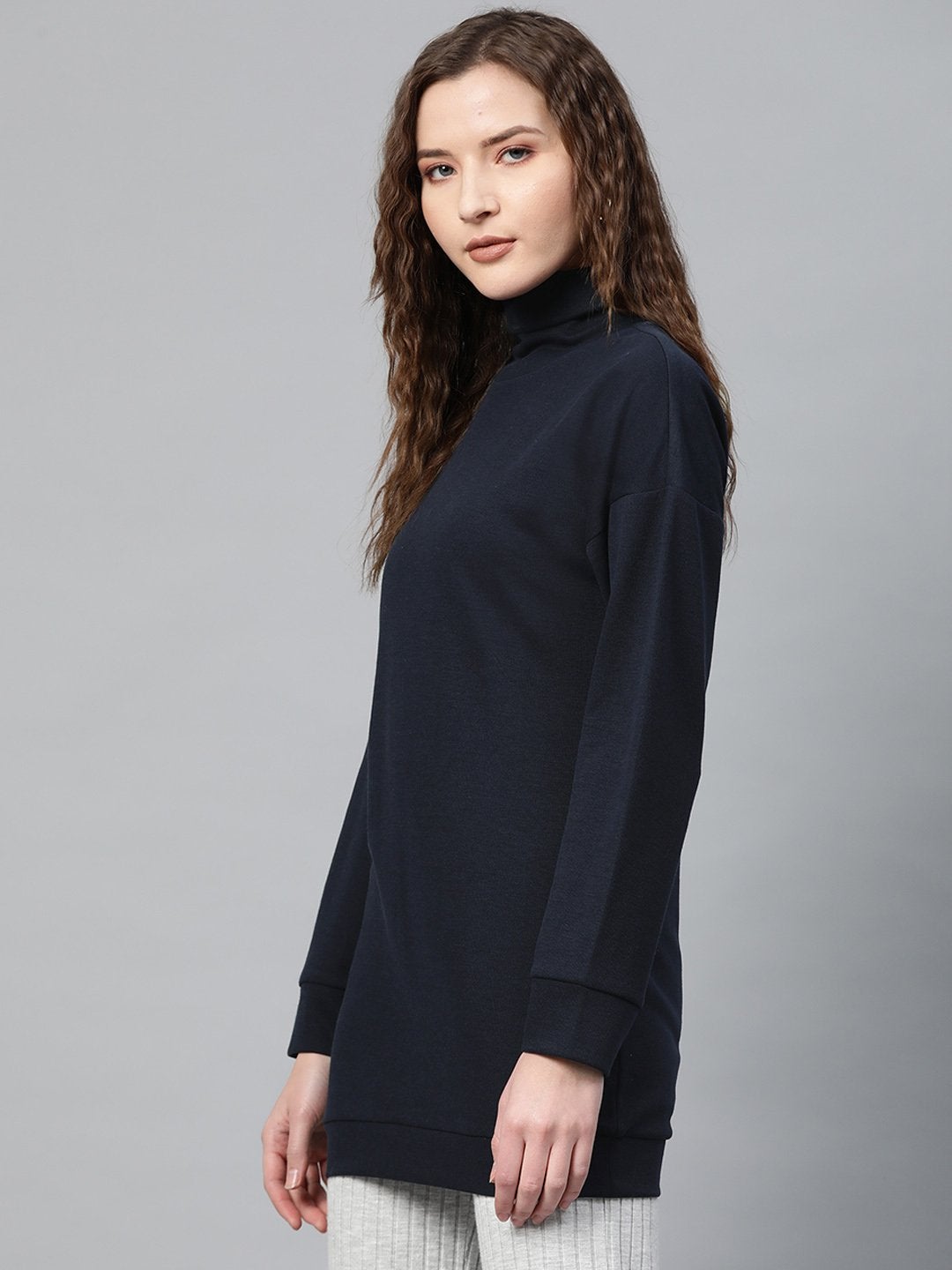 Women's Navy Blue High Neck Rib Sweater - SASSAFRAS