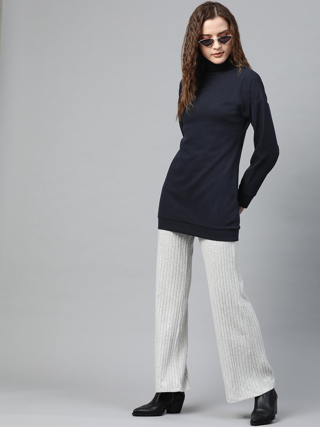 Women's Navy Blue High Neck Rib Sweater - SASSAFRAS