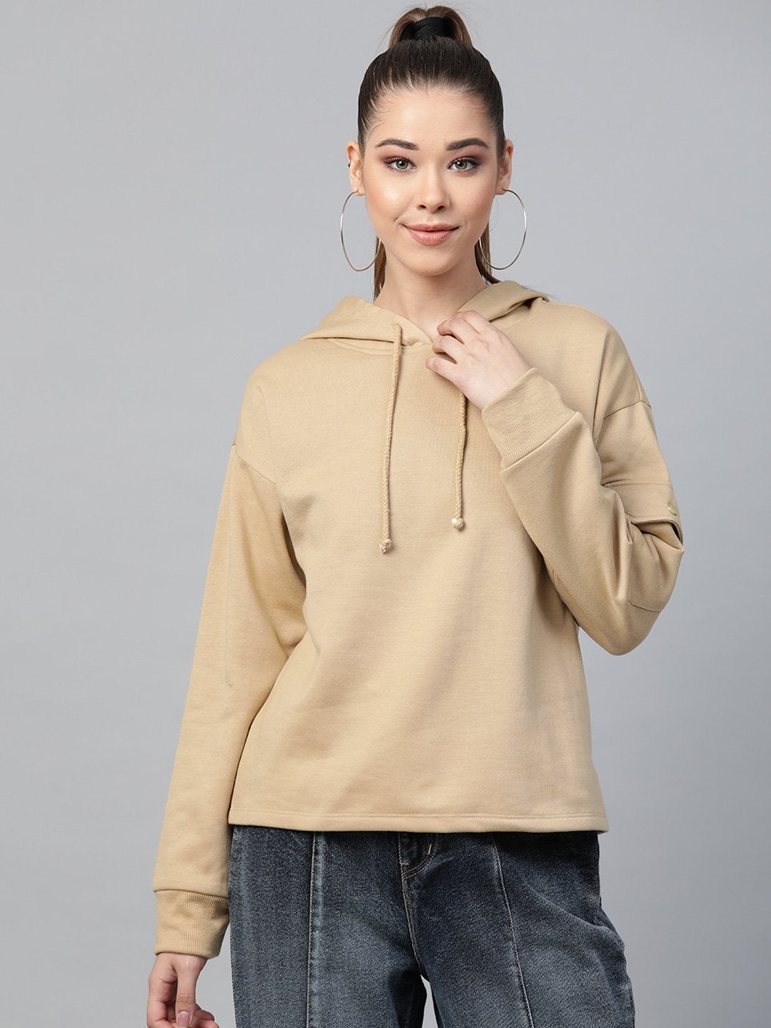 Women's Beige Pocket Detail At Sleeve Hoodie - SASSAFRAS