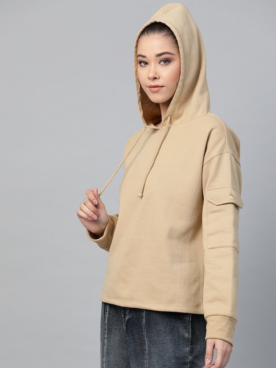 Women's Beige Pocket Detail At Sleeve Hoodie - SASSAFRAS