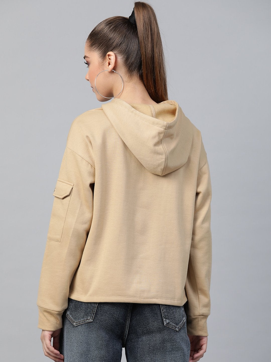 Women's Beige Pocket Detail At Sleeve Hoodie - SASSAFRAS