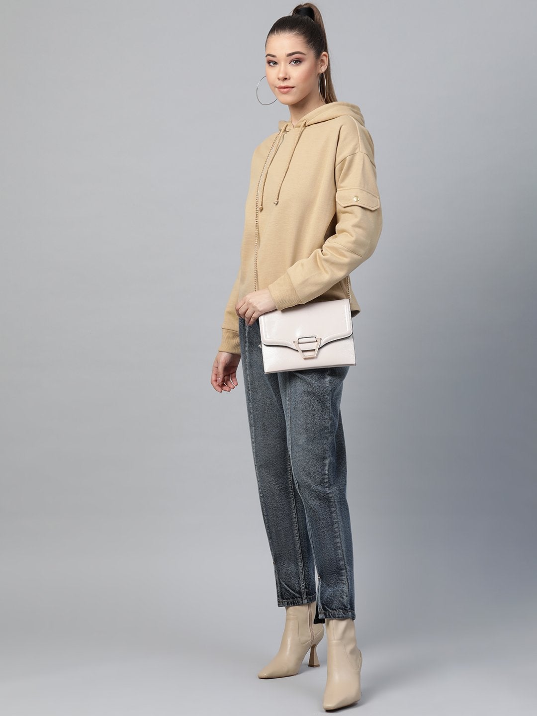 Women's Beige Pocket Detail At Sleeve Hoodie - SASSAFRAS