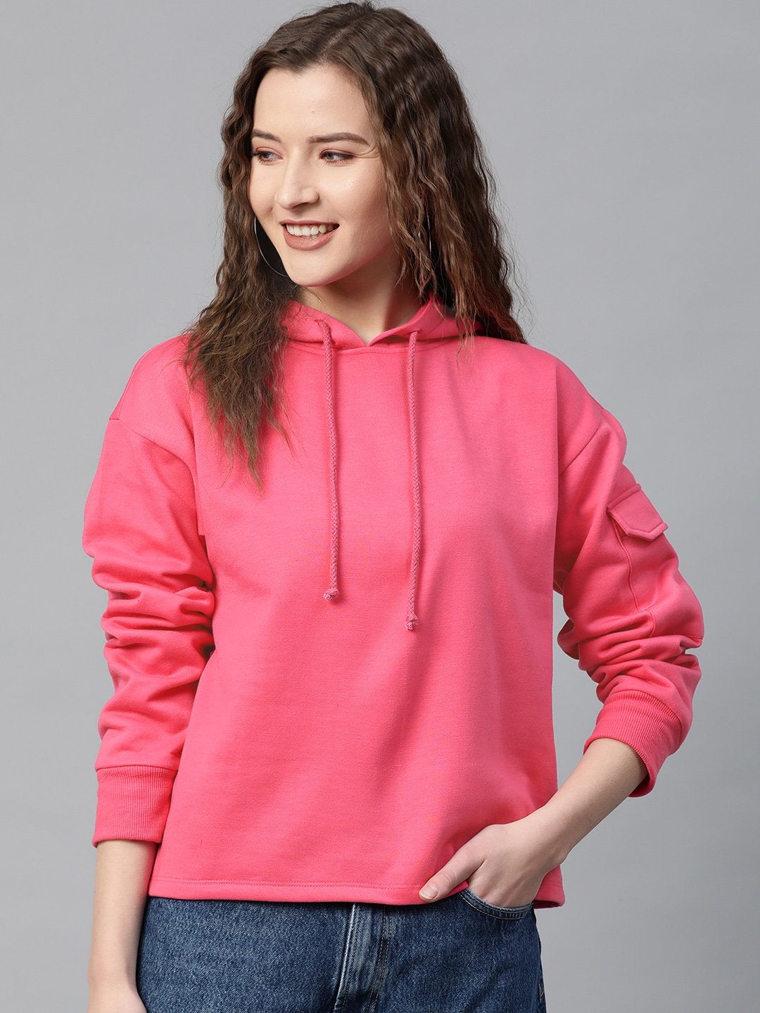 Women's Fuchsia Pocket Detail At Sleeve Hoodie - SASSAFRAS