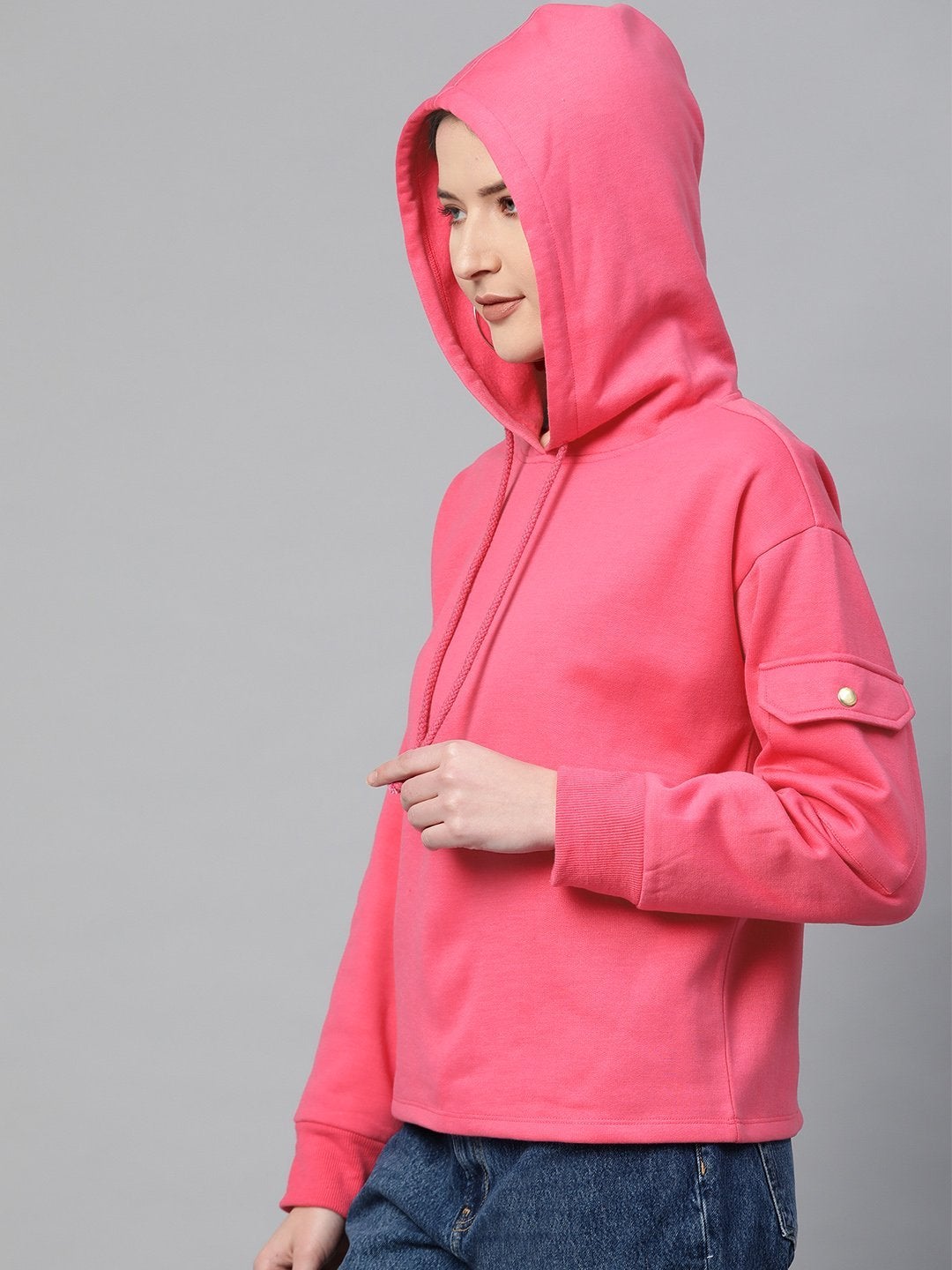 Women's Fuchsia Pocket Detail At Sleeve Hoodie - SASSAFRAS