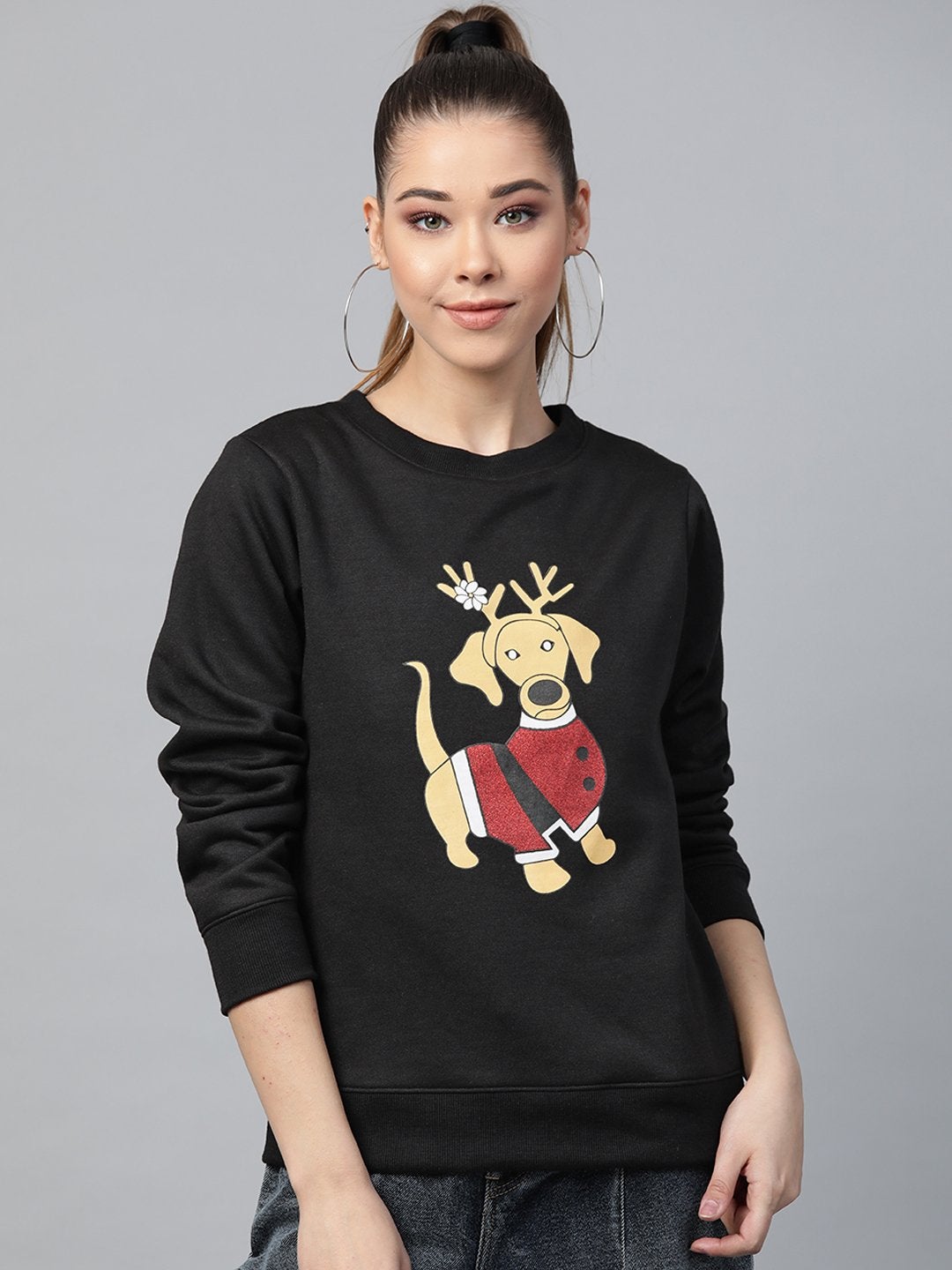 Women's Black Christmas Dog Print Sweatshirt - SASSAFRAS