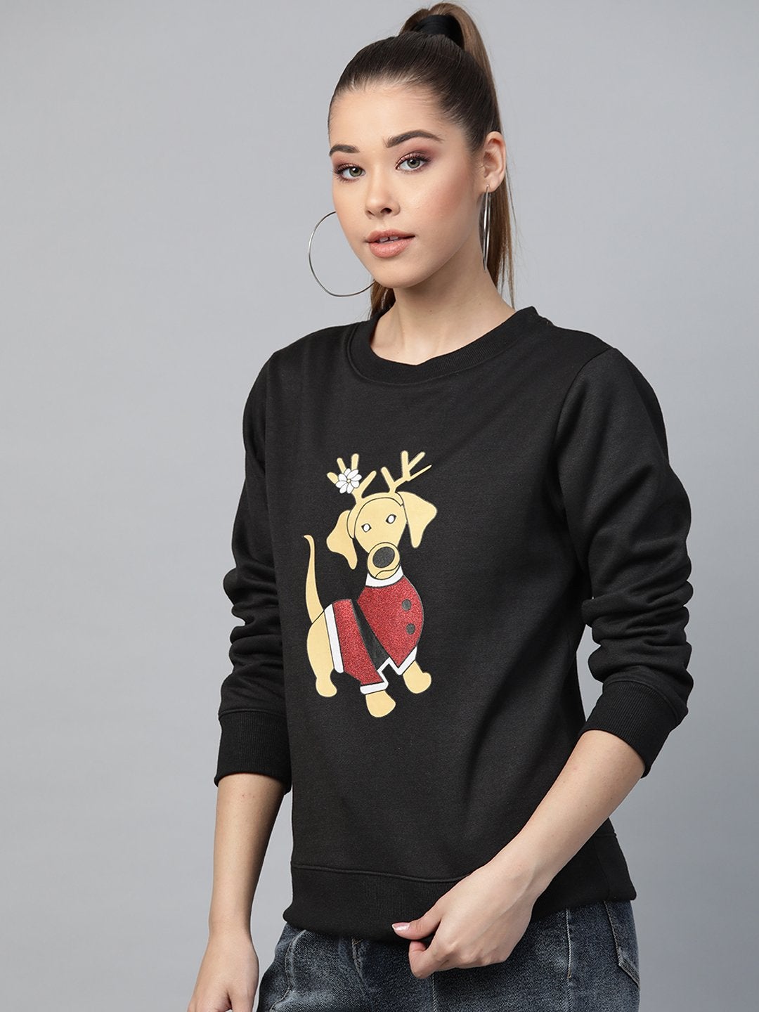 Women's Black Christmas Dog Print Sweatshirt - SASSAFRAS