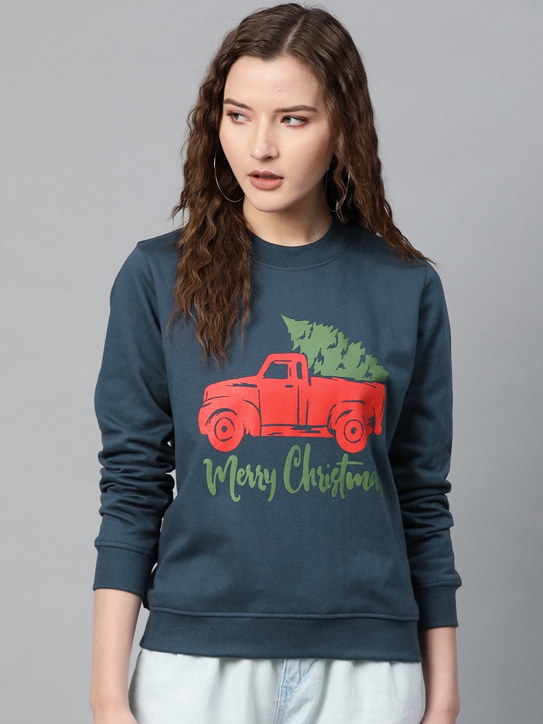 Women's Teal Blue Merry Christmas Print Sweatshirt - SASSAFRAS