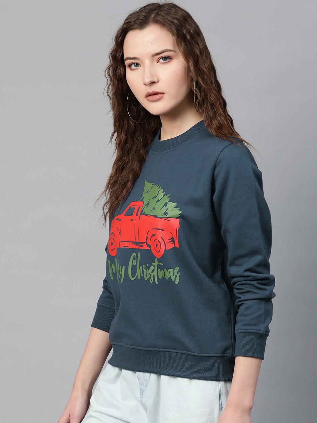 Women's Teal Blue Merry Christmas Print Sweatshirt - SASSAFRAS