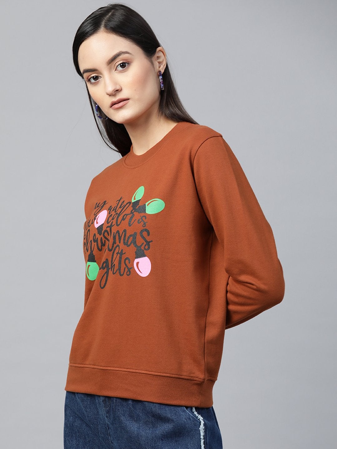 Women's Brown Christmas Neon Lights Print Sweatshirt - SASSAFRAS