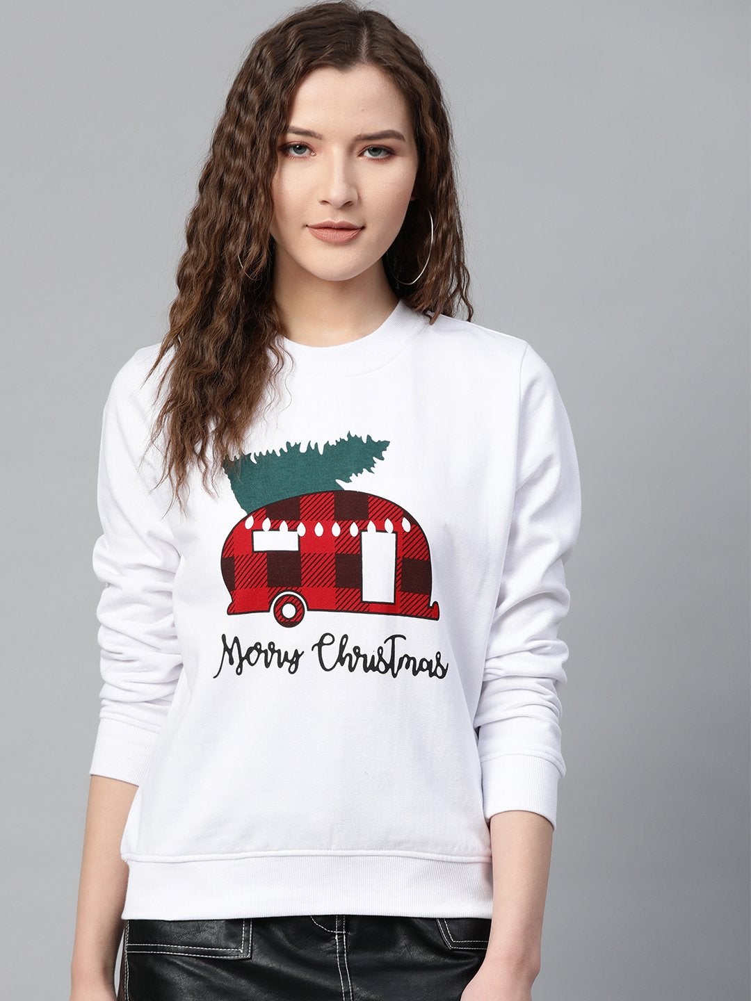 Women's White Merry Christmas Print Sweatshirt - SASSAFRAS