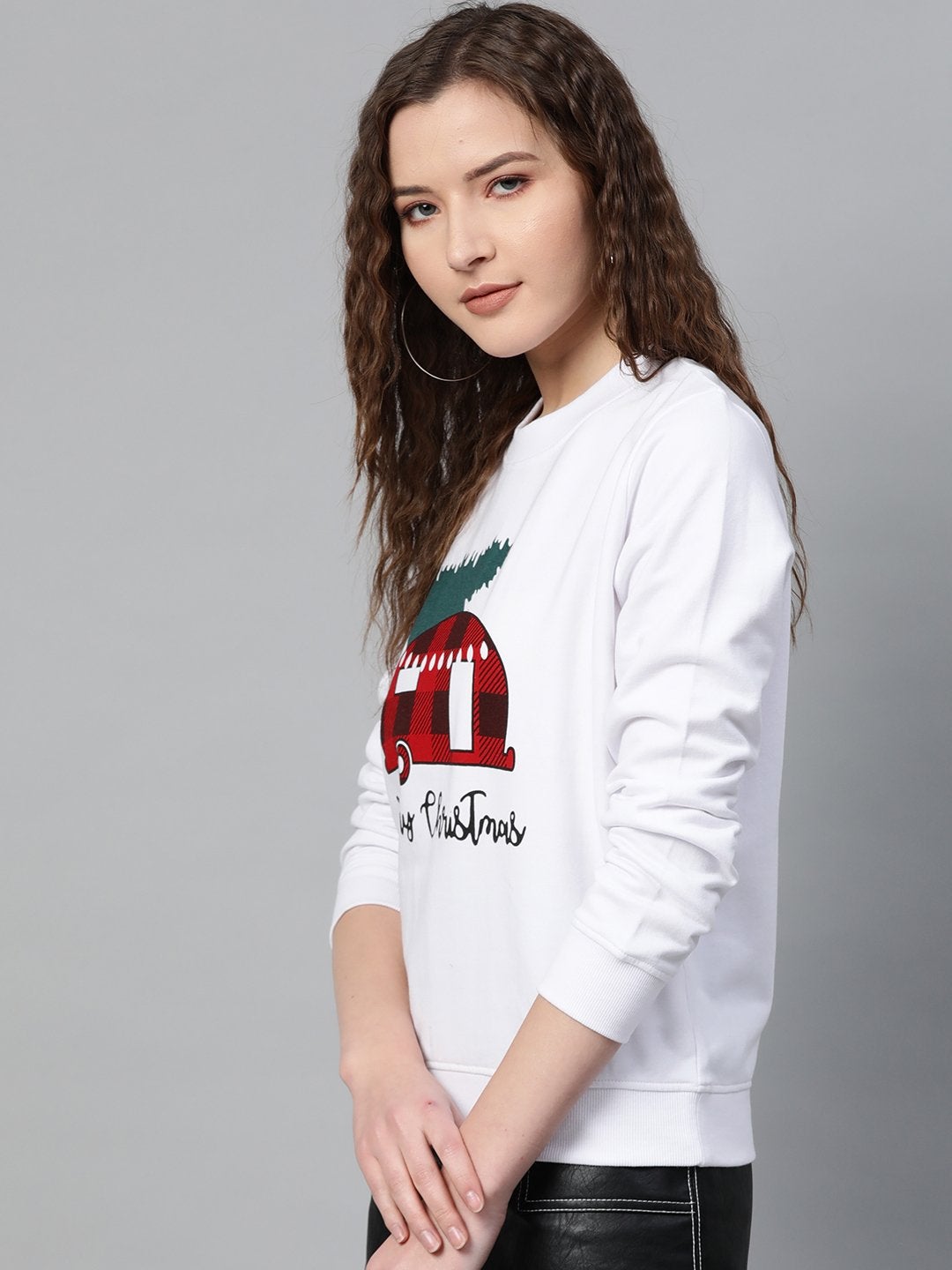 Women's White Merry Christmas Print Sweatshirt - SASSAFRAS