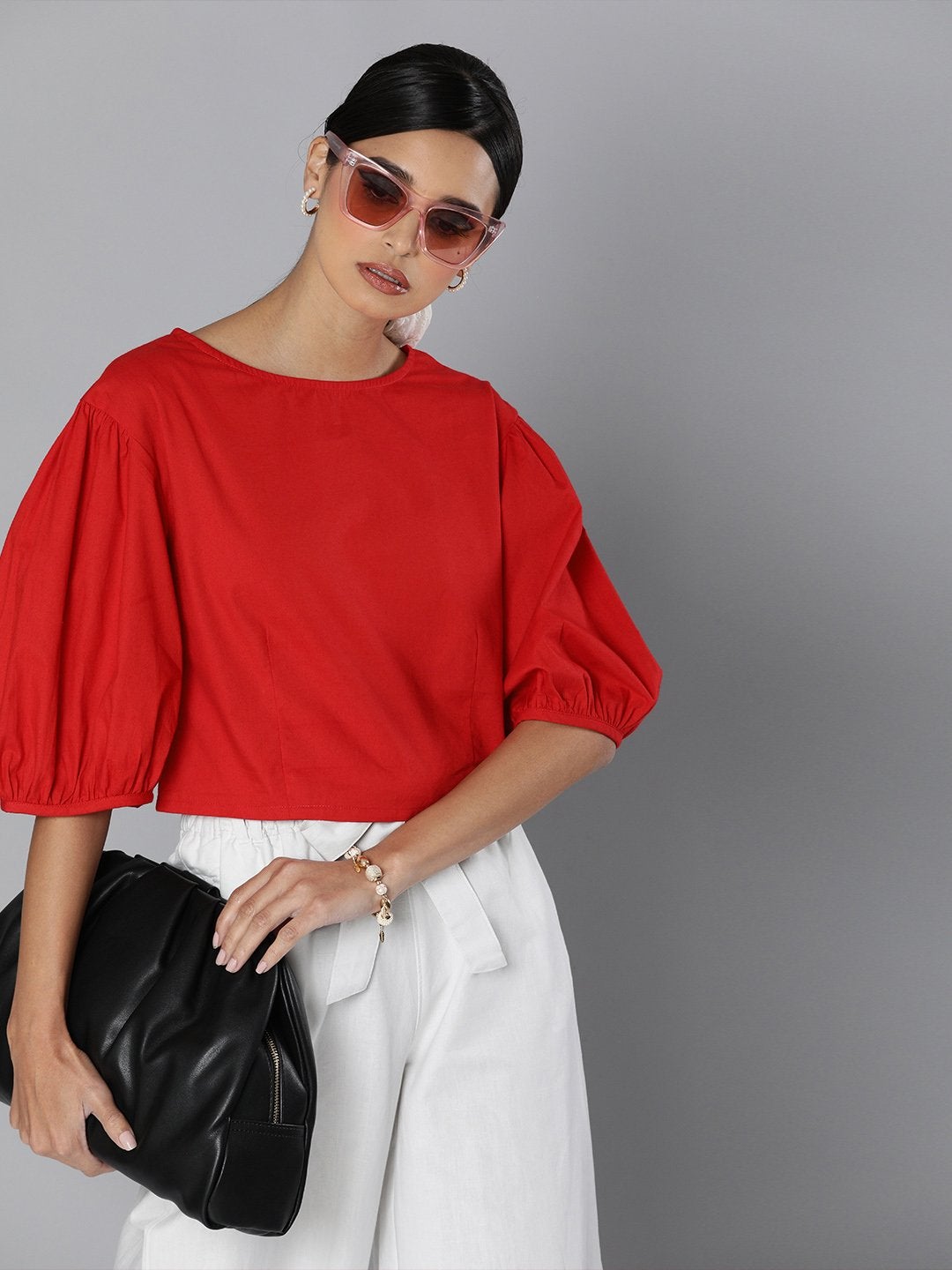 Women's Red Balloon Sleeve Crop Top - SASSAFRAS