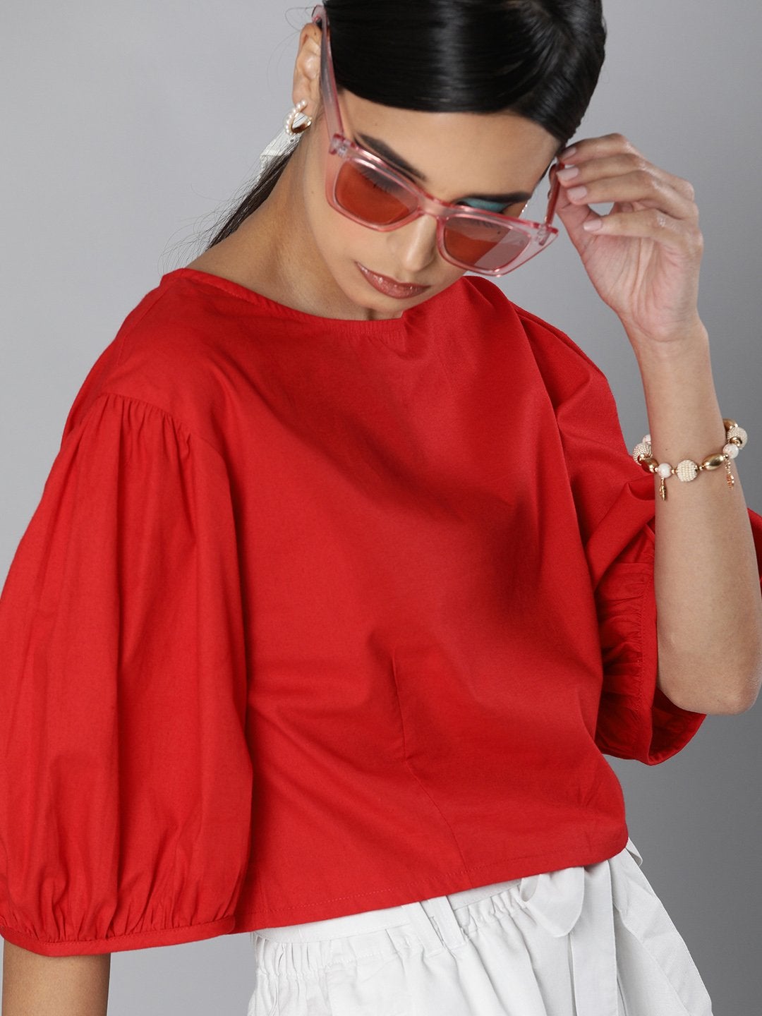 Women's Red Balloon Sleeve Crop Top - SASSAFRAS