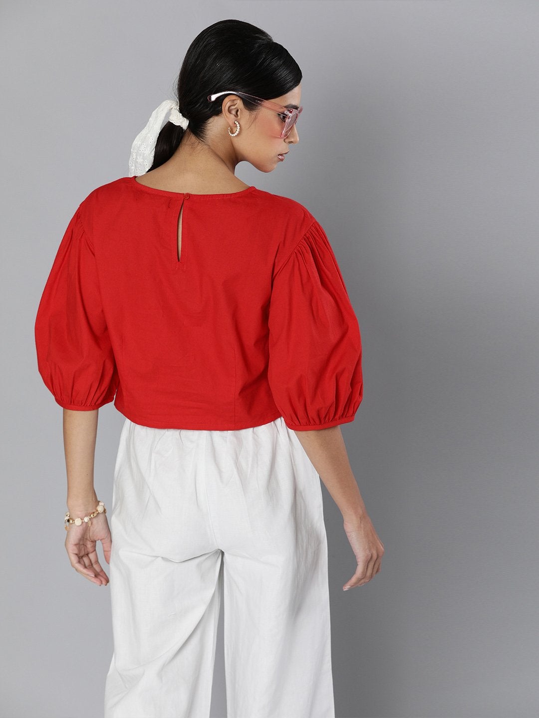 Women's Red Balloon Sleeve Crop Top - SASSAFRAS