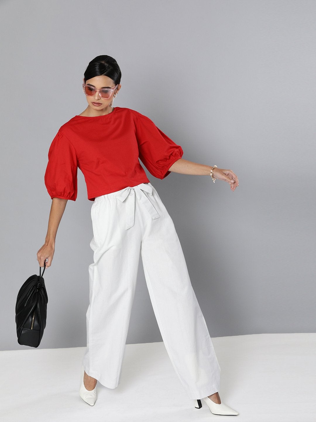 Women's Red Balloon Sleeve Crop Top - SASSAFRAS