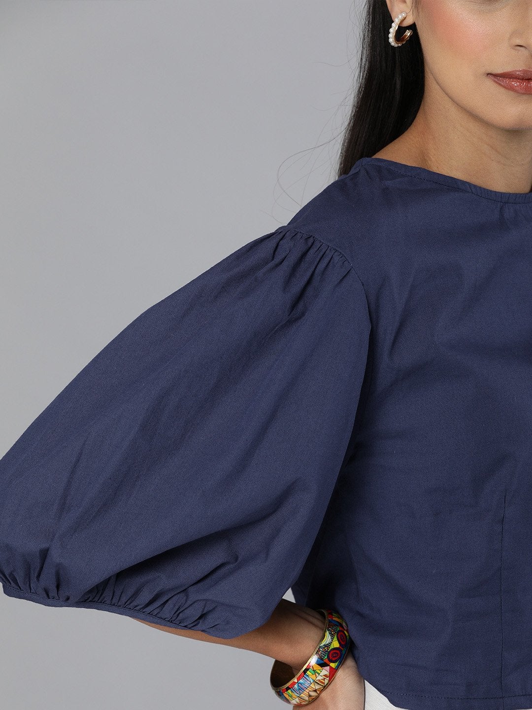 Women's Navy Balloon Sleeve Crop Top - SASSAFRAS