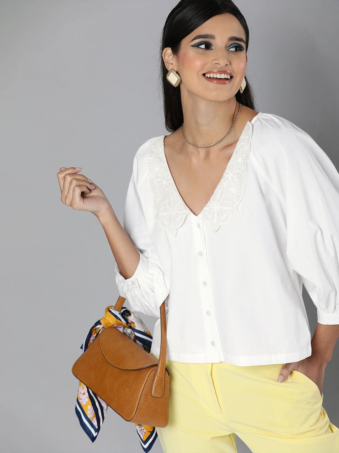 Women's White Embroidered Collar Top - SASSAFRAS