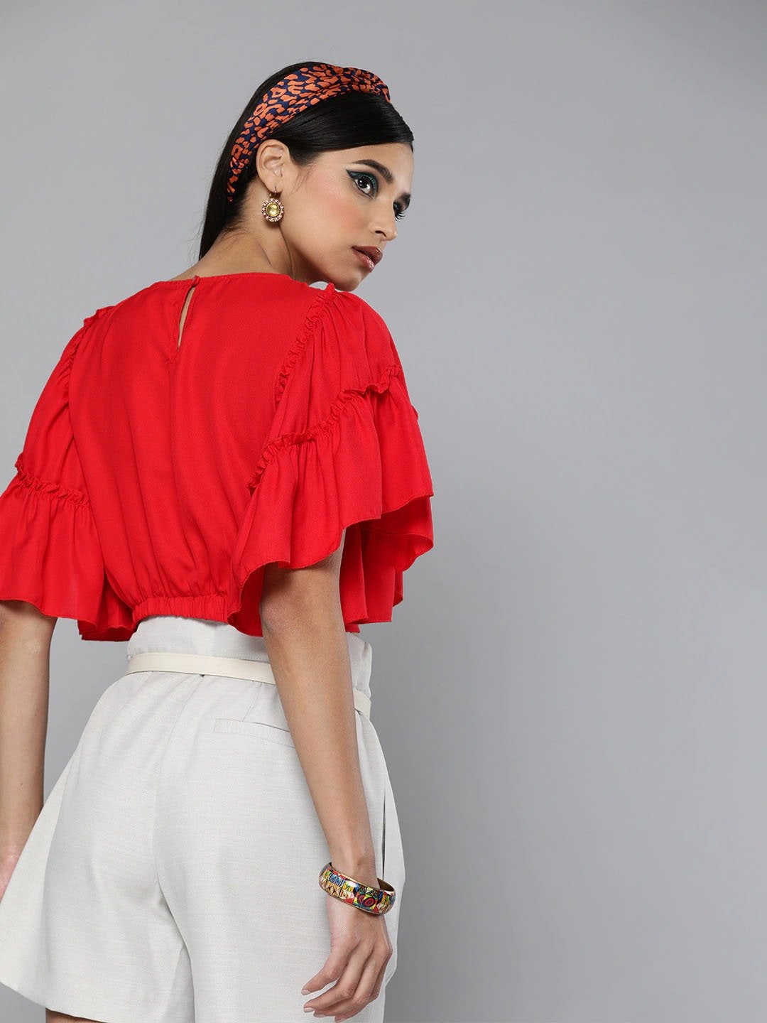 Women's Red Flare Sleeve Crop Top - SASSAFRAS