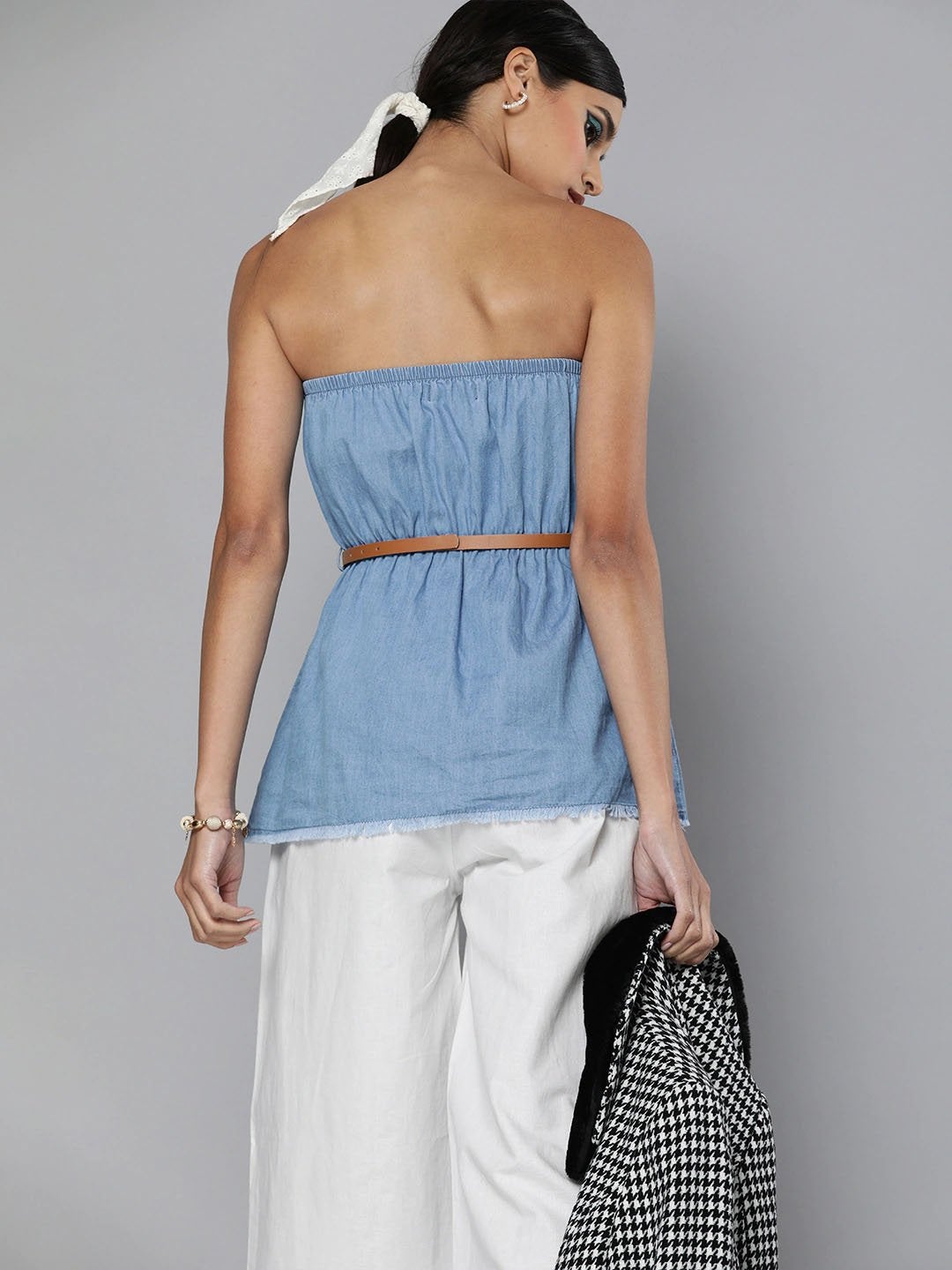 Women's Blue Denim Tube Top - SASSAFRAS