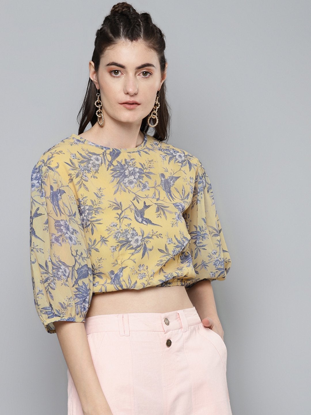 Women's Yellow Floral Balloon Sleeve Blouse - SASSAFRAS